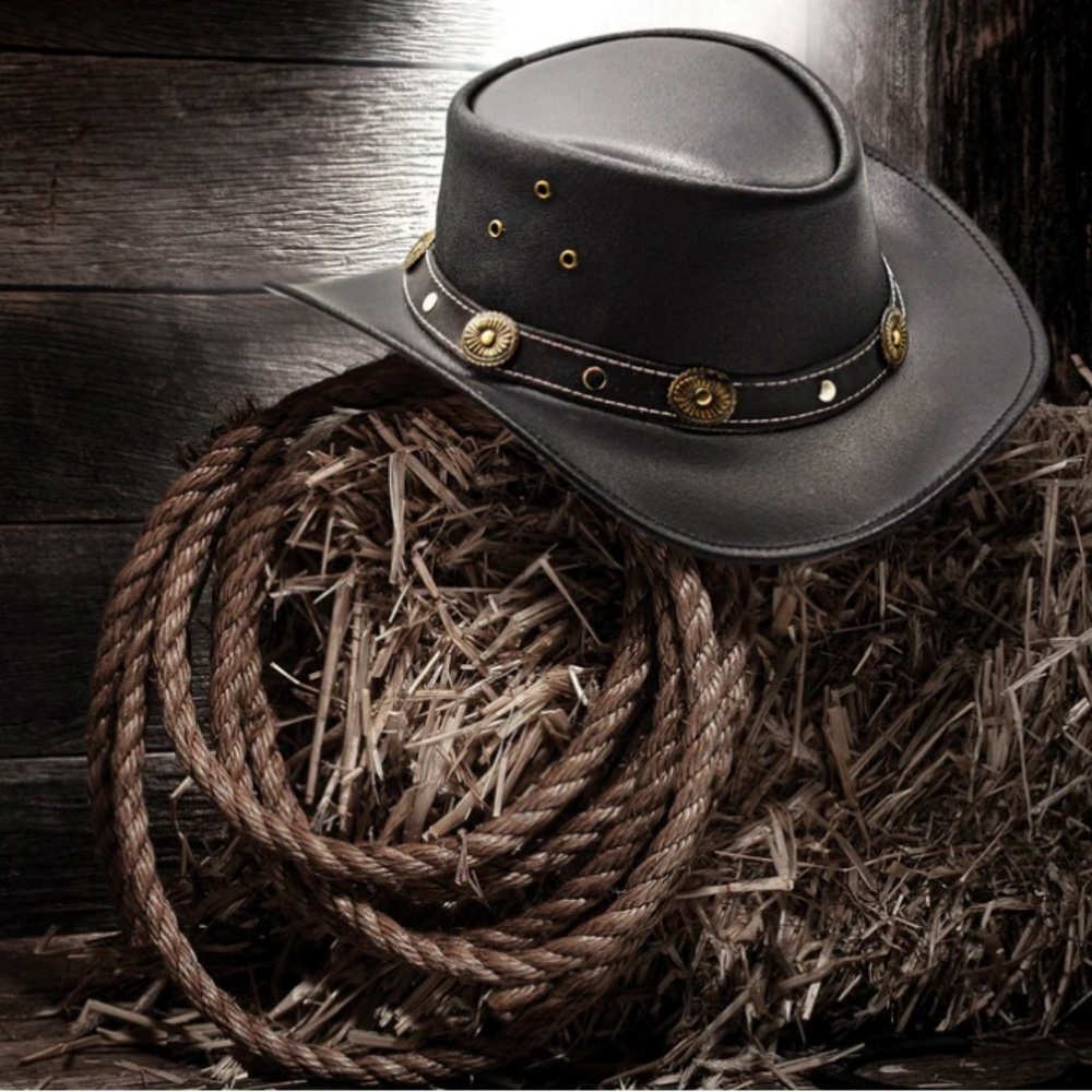HADZAM Black Leather Western Cowboy Hat Water Resistant